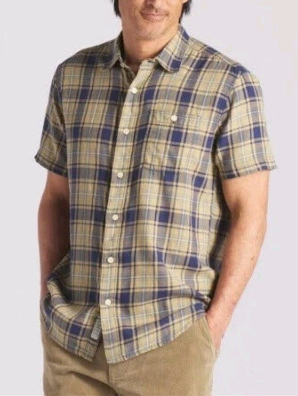 Grayers  Classic Plaid Short Sleeve Button Down Shirt Navy Tan Mens Large